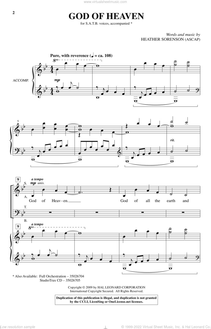 God Of Heaven sheet music for choir (SATB: soprano, alto, tenor, bass) by Heather Sorenson, intermediate skill level