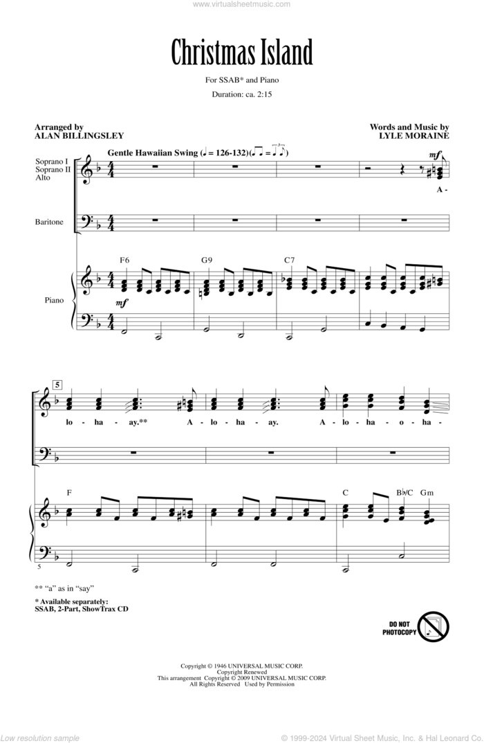 Christmas Island (arr. Alan Billingsley) sheet music for choir (SATB: soprano, alto, tenor, bass) by Lyle Moraine, Alan Billingsley and Brian Setzer, intermediate skill level