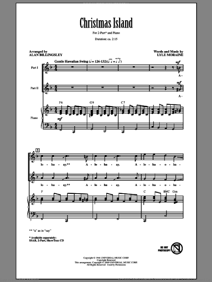 Christmas Island (arr. Alan Billingsley) sheet music for choir (2-Part) by Lyle Moraine, Alan Billingsley and Brian Setzer, intermediate duet