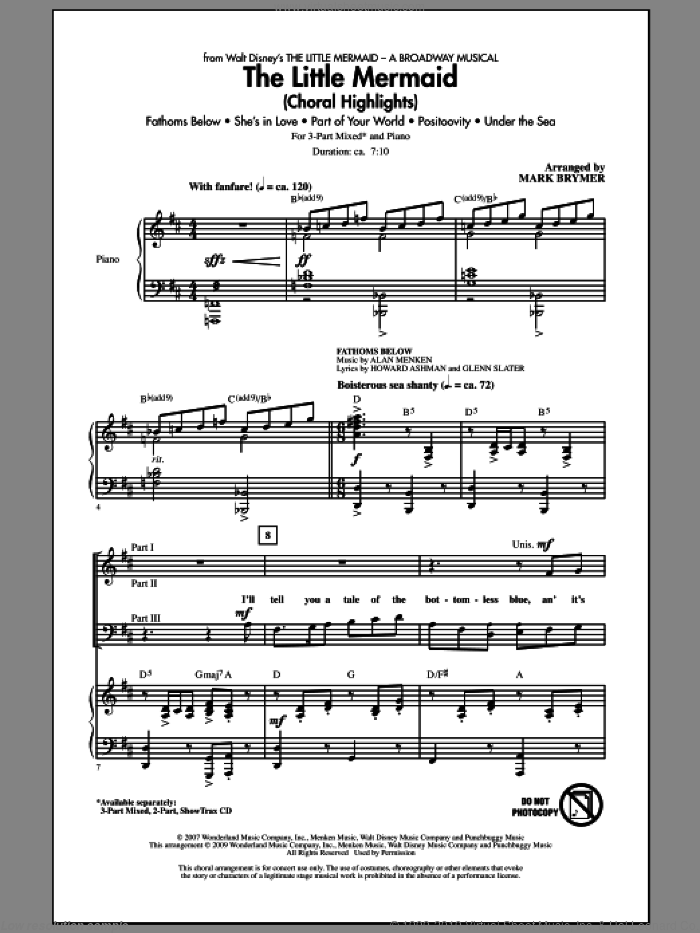 The Little Mermaid (Choral Highlights) sheet music for choir (3-Part Mixed) by Alan Menken and Mark Brymer, intermediate skill level