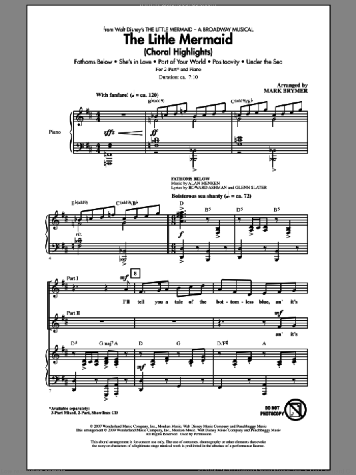 The Little Mermaid (Choral Highlights) sheet music for choir (2-Part) by Alan Menken and Mark Brymer, intermediate duet