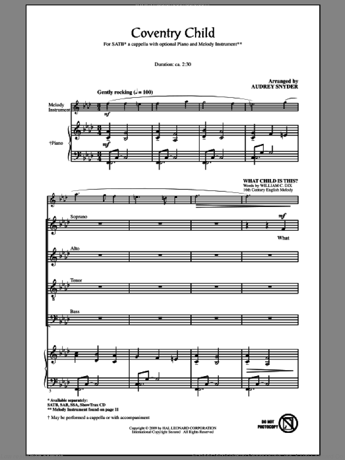 Coventry Child sheet music for choir (SATB: soprano, alto, tenor, bass) by Audrey Snyder, intermediate skill level