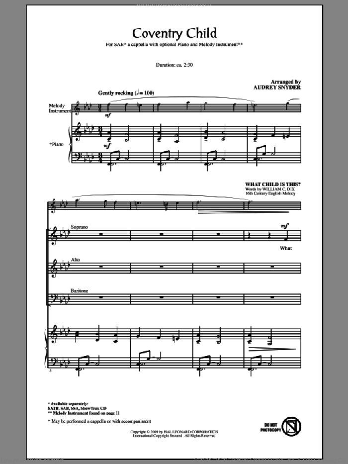 Coventry Child sheet music for choir (SAB: soprano, alto, bass) by Audrey Snyder, intermediate skill level