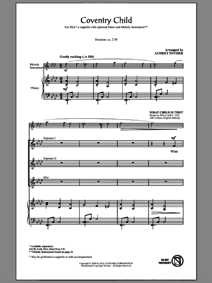 Coventry Child sheet music for choir (SSA: soprano, alto) by Audrey Snyder, intermediate skill level