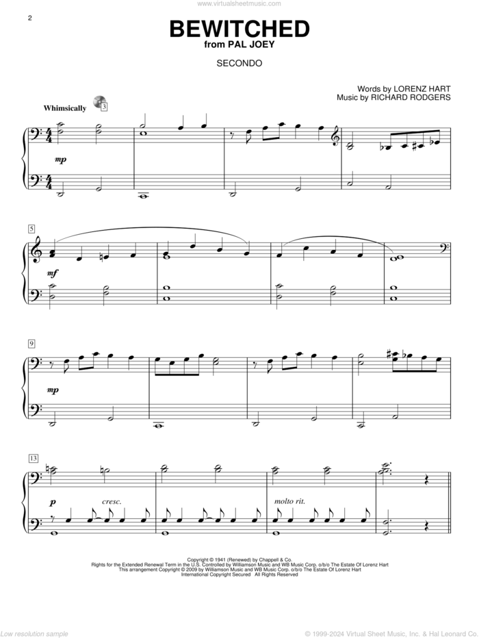 Bewitched sheet music for piano four hands by Rodgers & Hart, Pal Joey (Musical), Lorenz Hart and Richard Rodgers, intermediate skill level