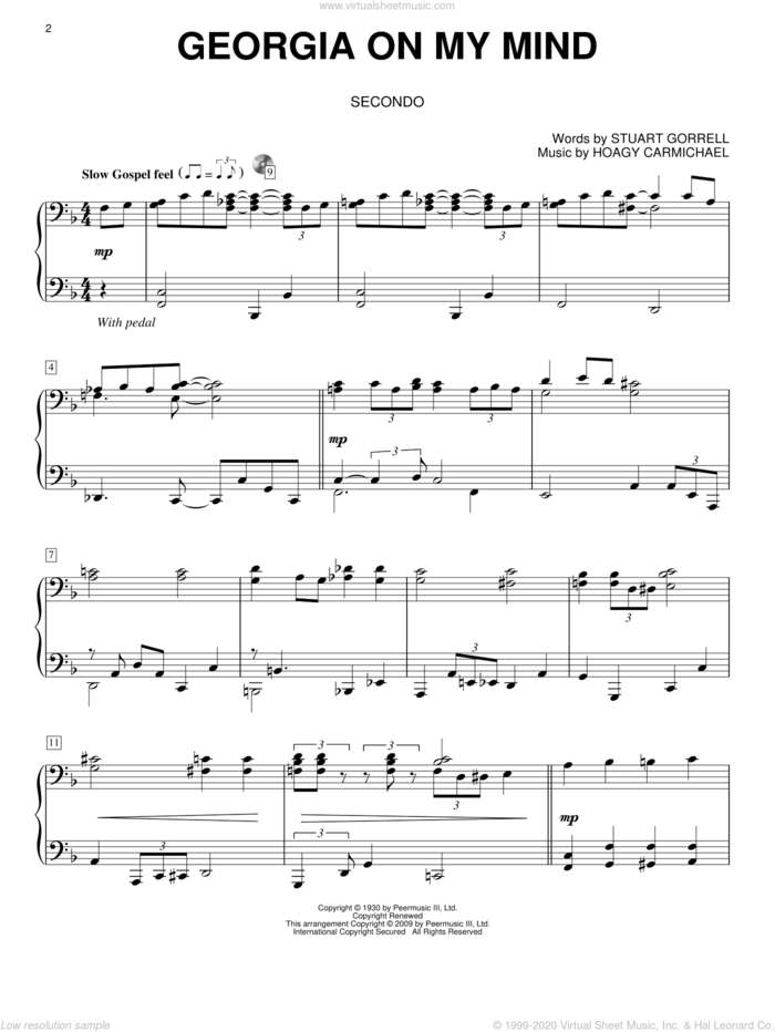 Georgia On My Mind sheet music for piano four hands by Ray Charles, Willie Nelson, Hoagy Carmichael and Stuart Gorrell, intermediate skill level