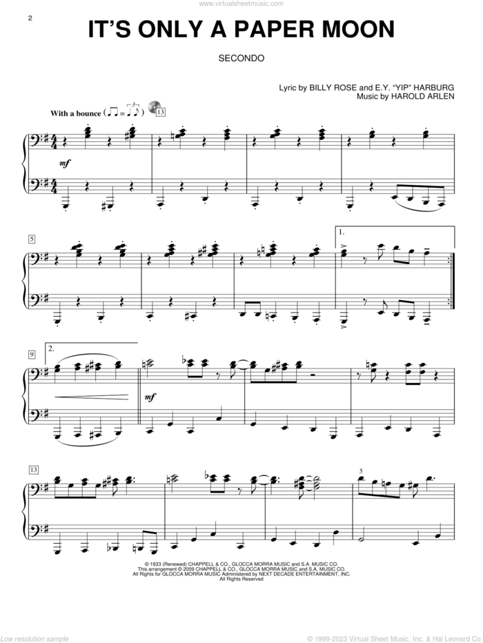 It's Only A Paper Moon sheet music for piano four hands by E.Y. Harburg, Billy Rose and Harold Arlen, intermediate skill level