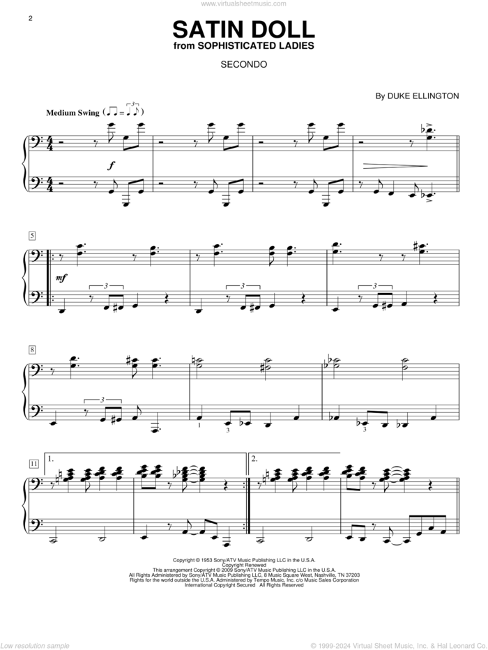 Satin Doll sheet music for piano four hands by Duke Ellington, Billy Strayhorn and Johnny Mercer, intermediate skill level