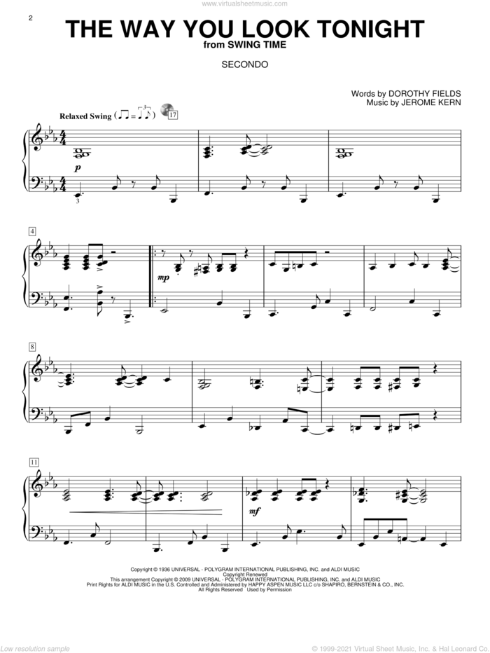 The Way You Look Tonight sheet music for piano four hands by Jerome Kern and Dorothy Fields, wedding score, intermediate skill level
