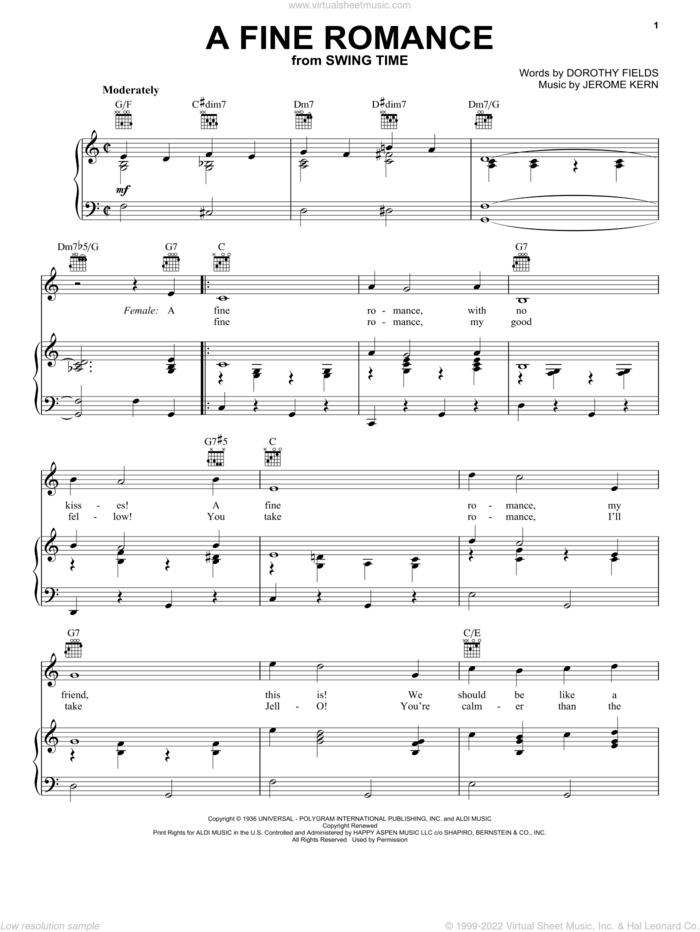 A Fine Romance sheet music for voice, piano or guitar by Jerome Kern, Billie Holiday, Ella Fitzgerald, Frank Sinatra, Fred Astaire, Lena Horne and Dorothy Fields, intermediate skill level