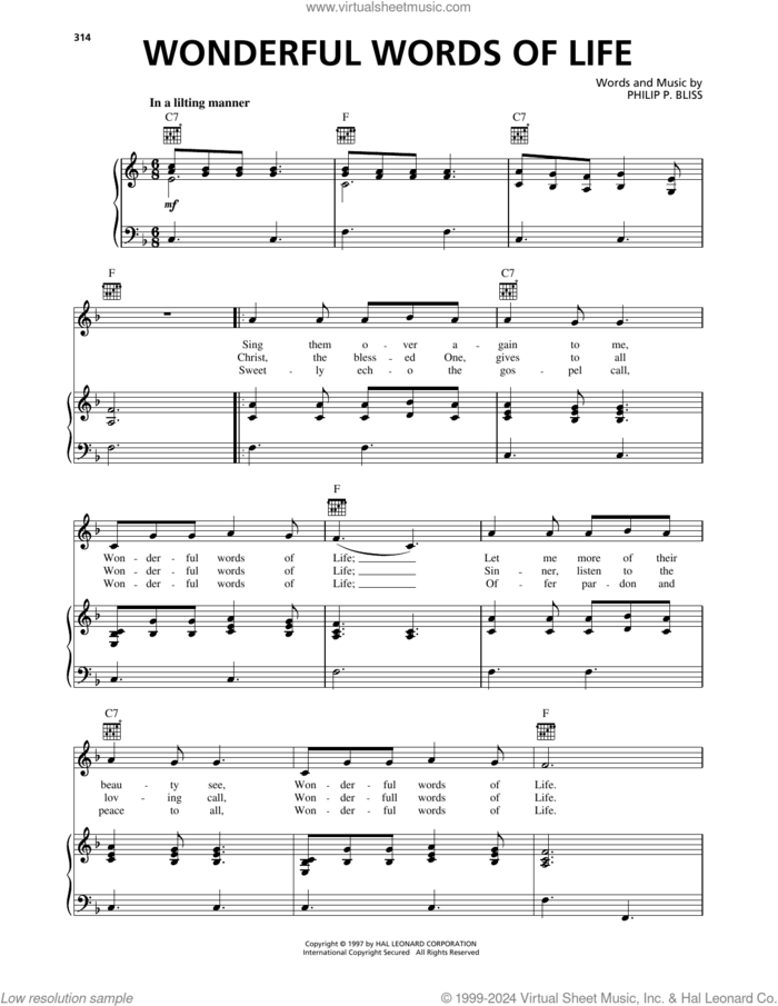 Wonderful Words Of Life sheet music for voice, piano or guitar by Philip P. Bliss, intermediate skill level