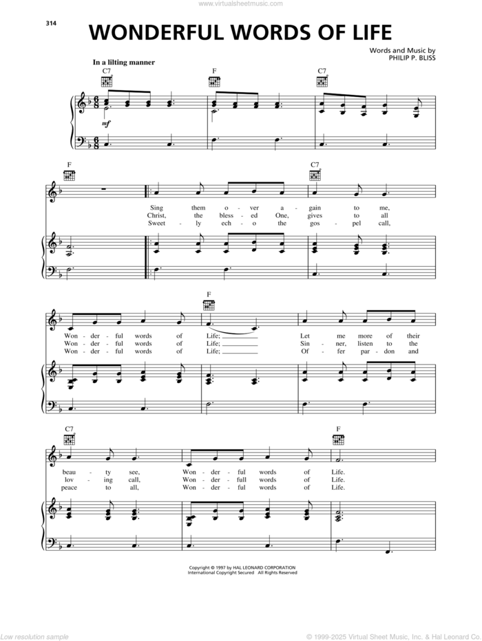 Wonderful Words Of Life sheet music for voice, piano or guitar by Philip P. Bliss, intermediate skill level