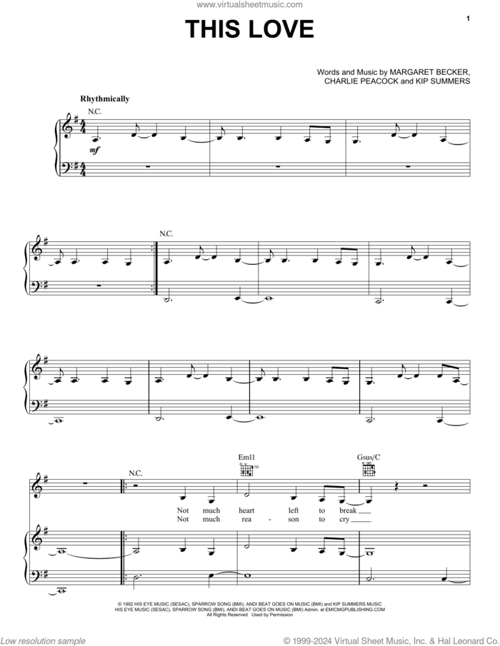 This Love sheet music for voice, piano or guitar by Margaret Becker, Charlie Peacock and Kip Summers, intermediate skill level
