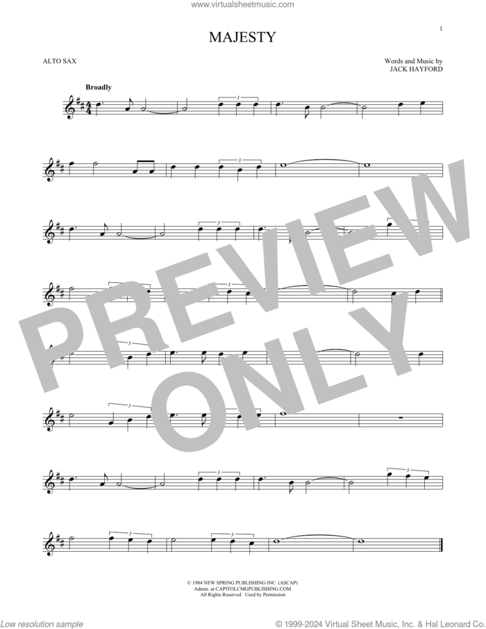 Majesty sheet music for alto saxophone solo by Jack Hayford, intermediate skill level