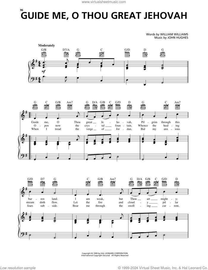 Guide Me, O Thou Great Jehovah sheet music for voice, piano or guitar by John Hughes, Peter Williams and William Williams, intermediate skill level