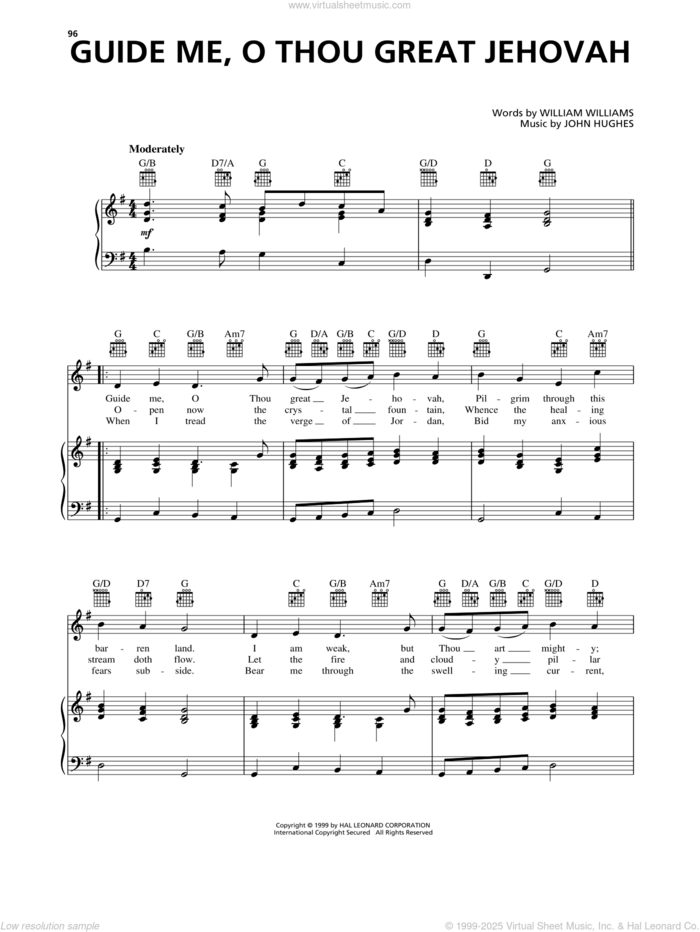 Guide Me, O Thou Great Jehovah sheet music for voice, piano or guitar by John Hughes, Peter Williams and William Williams, intermediate skill level