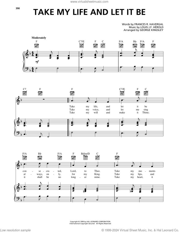 Take My Life And Let It Be sheet music for voice, piano or guitar by Frances R. Havergal, George Kingsley and Louis J.F. Herold, intermediate skill level