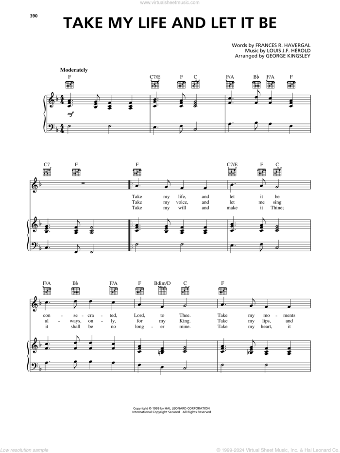 Take My Life And Let It Be sheet music for voice, piano or guitar by Frances R. Havergal, George Kingsley and Louis J.F. Herold, intermediate skill level