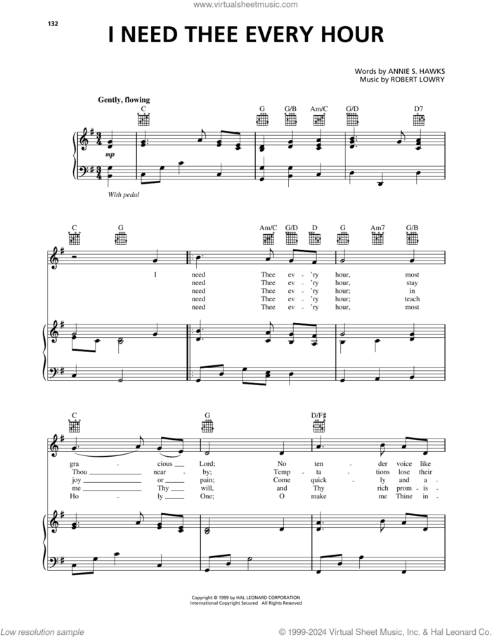 I Need Thee Every Hour sheet music for voice, piano or guitar by Robert Lowry and Annie S. Hawks, intermediate skill level