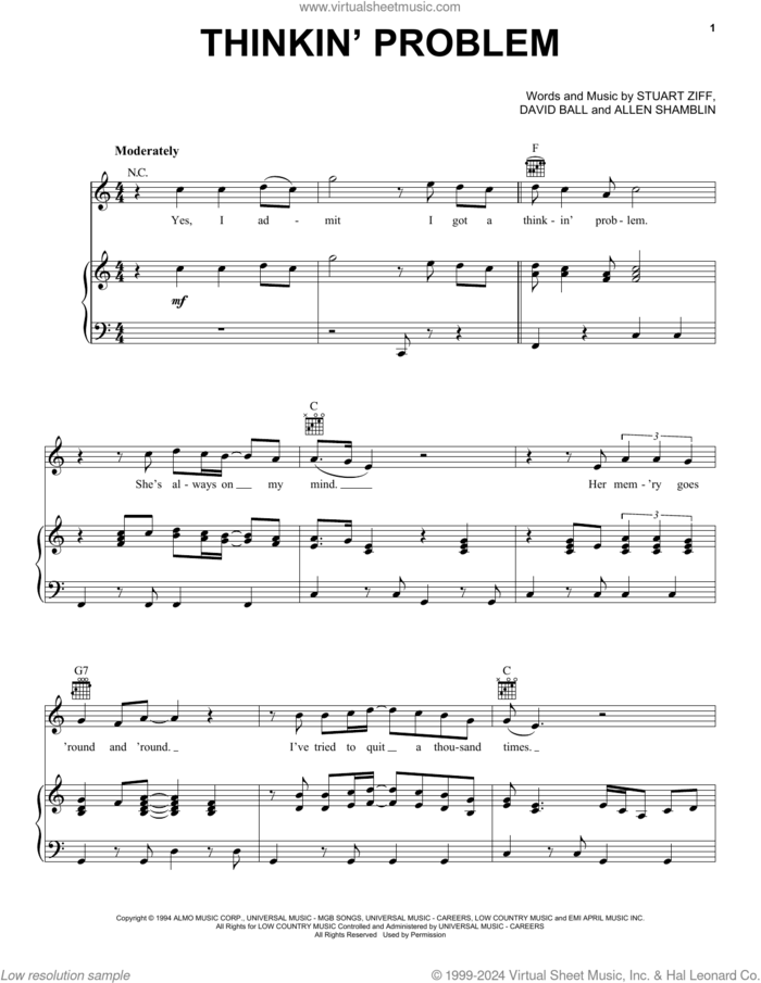 Thinkin' Problem sheet music for voice, piano or guitar by David Ball, Allen Shamblin and Stuart Ziff, intermediate skill level