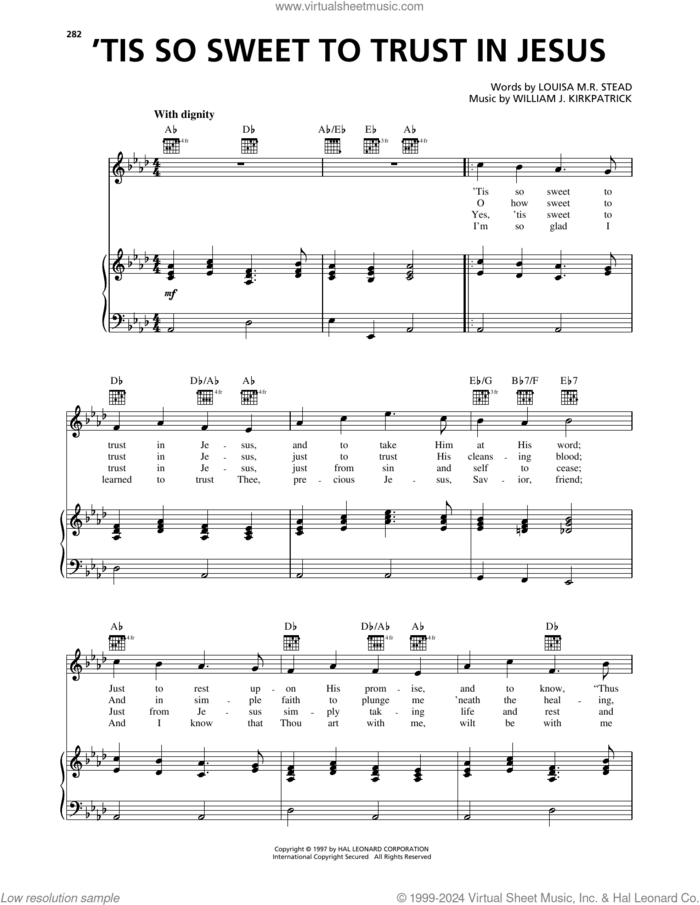 'Tis So Sweet To Trust In Jesus sheet music for voice, piano or guitar by William J. Kirkpatrick and Louisa M.R. Stead, intermediate skill level
