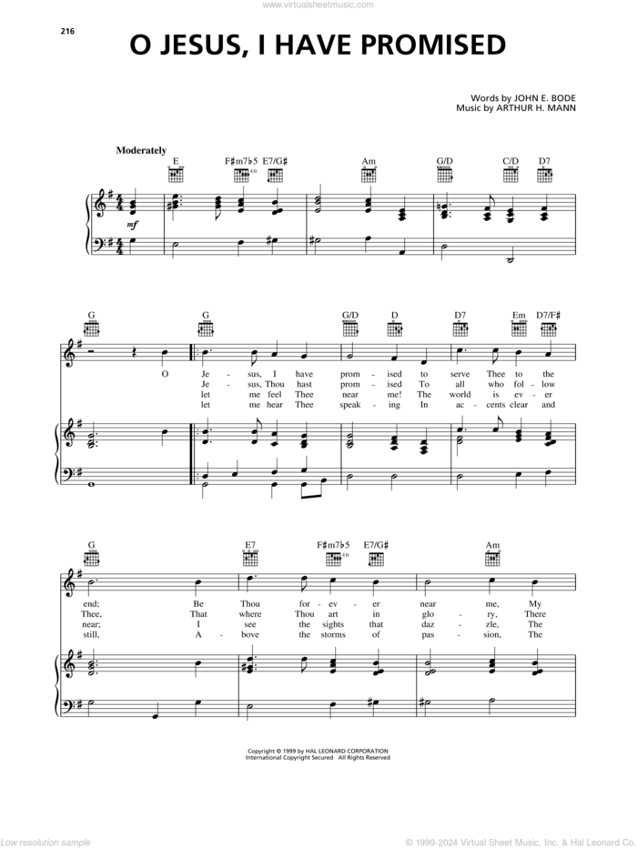 O Jesus, I Have Promised sheet music for voice, piano or guitar by John E. Bode and Arthur H. Mann, intermediate skill level