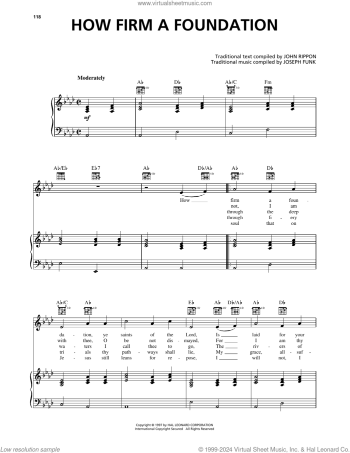 How Firm a Foundation sheet music for voice, piano or guitar by John Rippon and Joseph Funk, intermediate skill level