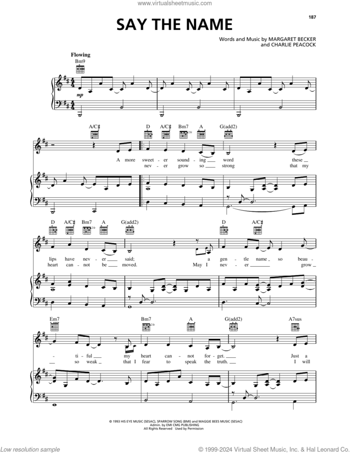 Say The Name sheet music for voice, piano or guitar by Margaret Becker and Charlie Peacock, intermediate skill level