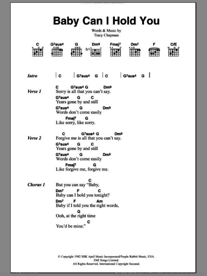 Baby Can I Hold You sheet music for guitar (chords) by Tracy Chapman and Boyzone, intermediate skill level