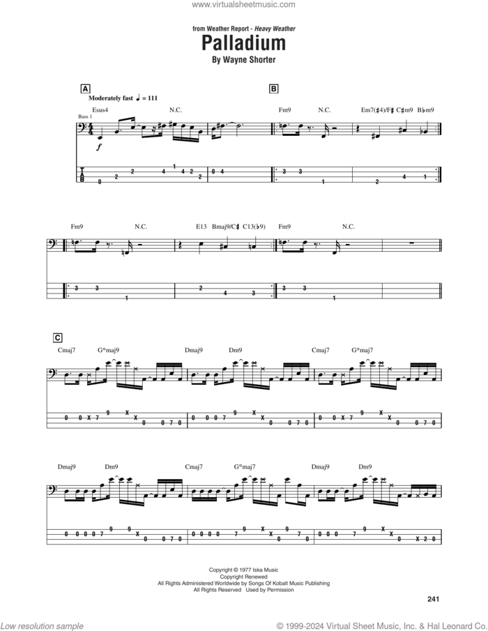 Palladium sheet music for bass (tablature) (bass guitar) by Weather Report, Jaco Pastorius and Wayne Shorter, intermediate skill level