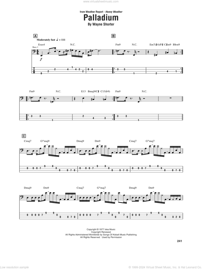 Palladium sheet music for bass (tablature) (bass guitar) by Weather Report, Jaco Pastorius and Wayne Shorter, intermediate skill level