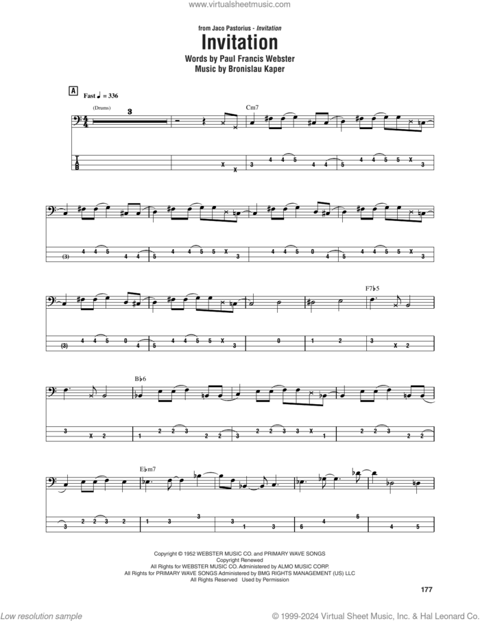 Invitation sheet music for bass (tablature) (bass guitar) by Jaco Pastorius, Bronislau Kaper and Paul Francis Webster, intermediate skill level