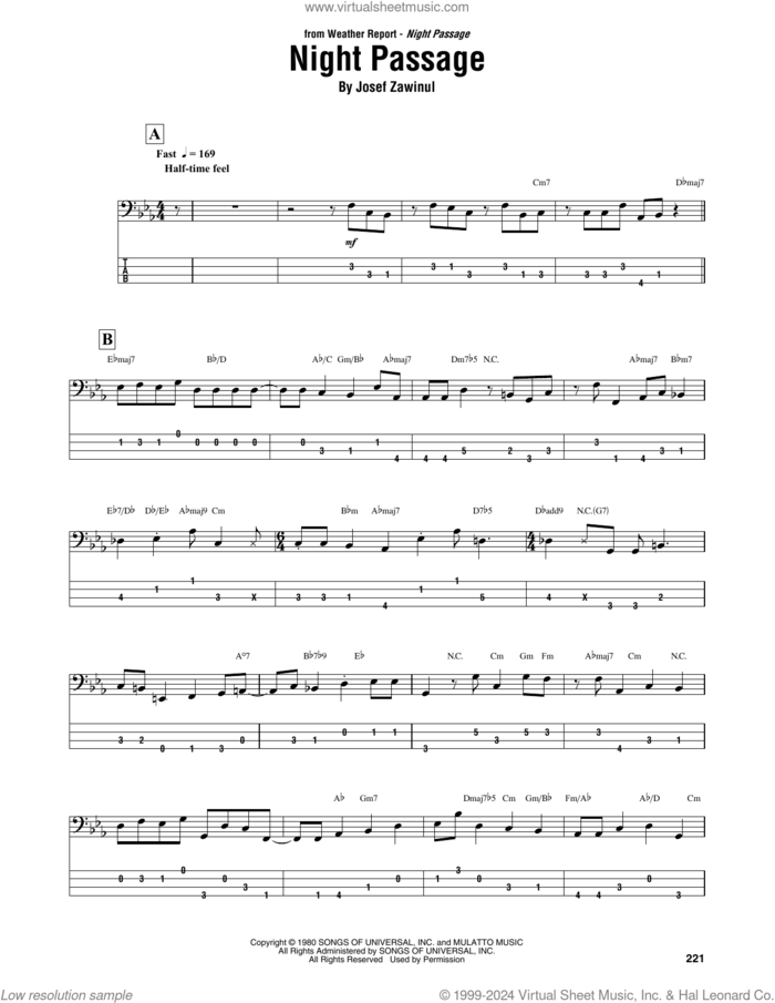 Night Passage sheet music for bass (tablature) (bass guitar) by Weather Report, Jaco Pastorius and Josef Zawinul, intermediate skill level