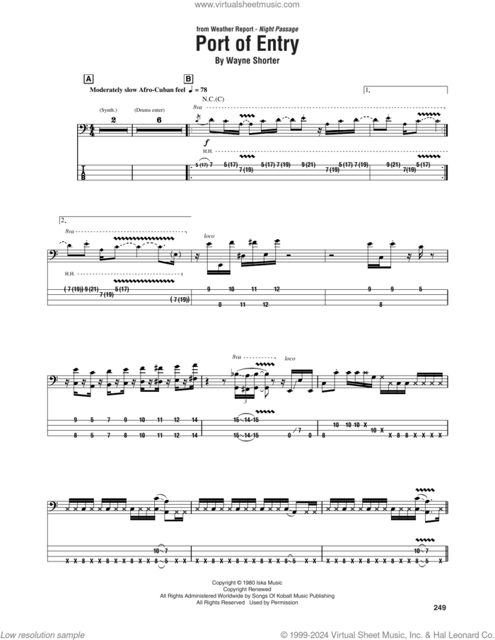 Port Of Entry sheet music for bass (tablature) (bass guitar) by Weather Report, Jaco Pastorius and Wayne Shorter, intermediate skill level