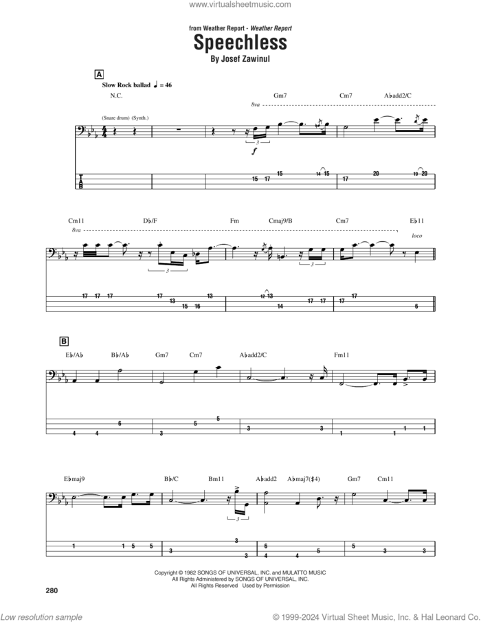 Speechless sheet music for bass (tablature) (bass guitar) by Weather Report, Jaco Pastorius and Josef Zawinul, intermediate skill level