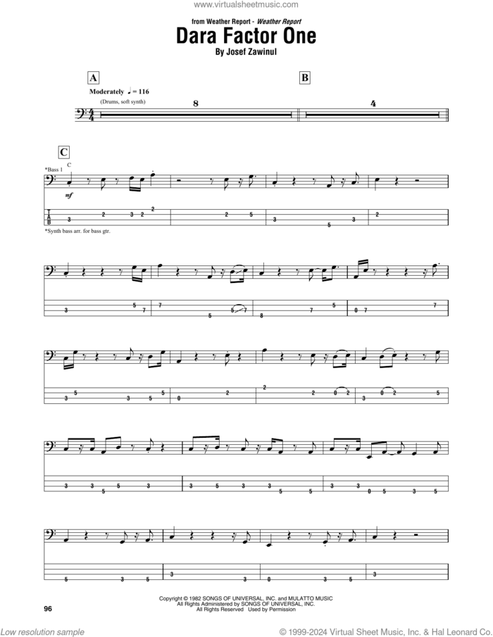 Dara Factor One sheet music for bass (tablature) (bass guitar) by Weather Report, Jaco Pastorius and Josef Zawinul, intermediate skill level