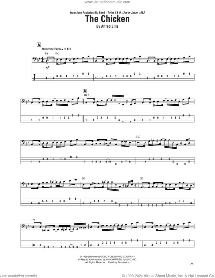 The Chicken sheet music for bass (tablature) (bass guitar) by Jaco Pastorius and Alfred Ellis, intermediate skill level
