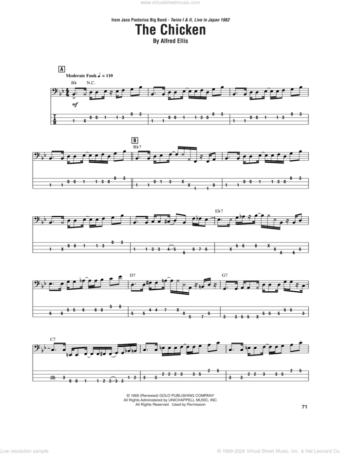 The Chicken sheet music for bass (tablature) (bass guitar) by Jaco Pastorius and Alfred Ellis, intermediate skill level