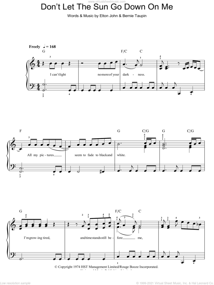 Don't Let The Sun Go Down On Me sheet music for piano solo by Elton John and Bernie Taupin, easy skill level