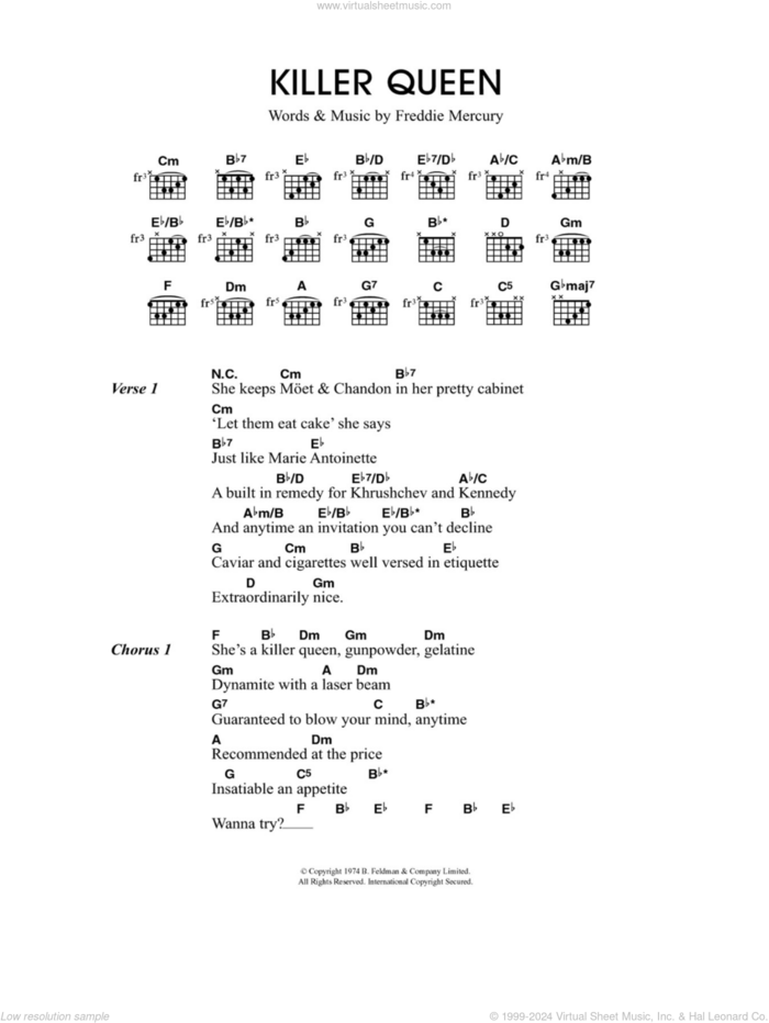 Killer Queen sheet music for guitar (chords) by Freddie Mercury, Merle Travis and Queen, intermediate skill level