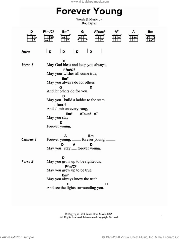Forever Young sheet music for guitar (chords) by Bob Dylan, intermediate skill level