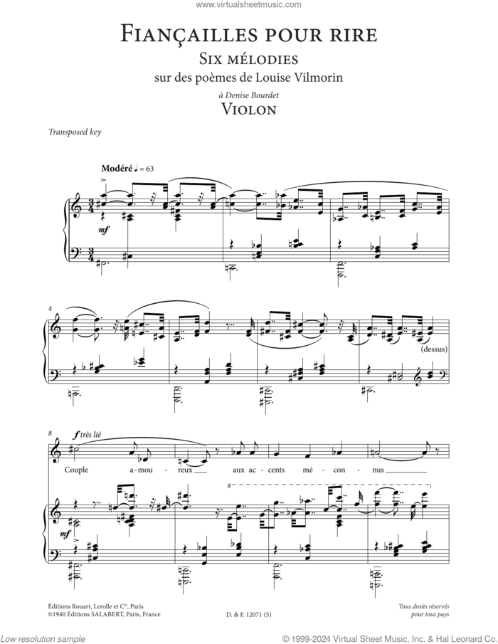 Violon (Low Voice) sheet music for voice and piano (Low Voice) by Francis Poulenc and Louise de Vilmorin, classical score, intermediate skill level