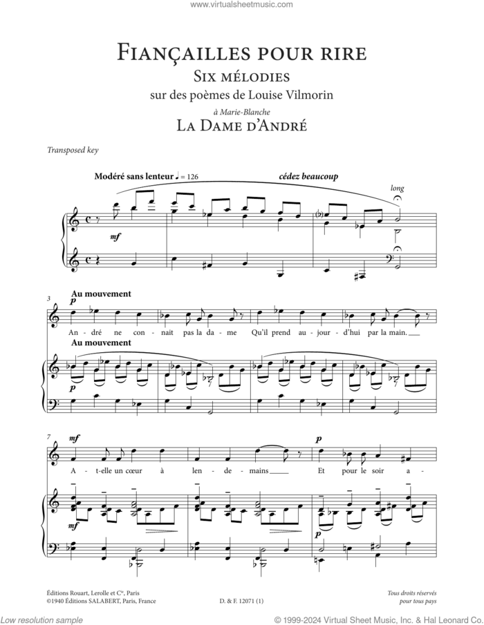La Dame d'Andre (Low Voice) sheet music for voice and piano (Low Voice) by Francis Poulenc and Louise de Vilmorin, classical score, intermediate skill level