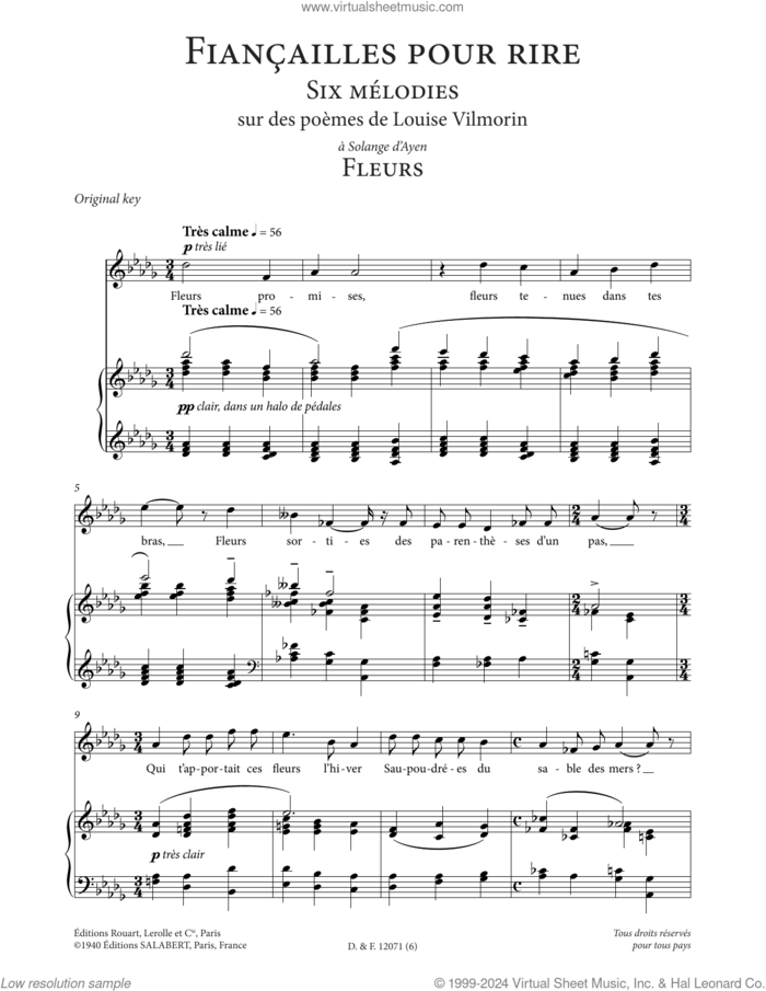 Fleurs (High Voice) sheet music for voice and piano (High Voice) by Francis Poulenc and Louise de Vilmorin, classical score, intermediate skill level