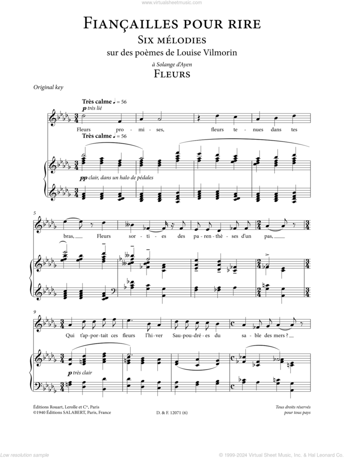 Fleurs (High Voice) sheet music for voice and piano (High Voice) by Francis Poulenc and Louise de Vilmorin, classical score, intermediate skill level