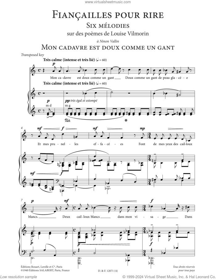 Mon cadavre est doux comme un gant (Low Voice) sheet music for voice and piano (Low Voice) by Francis Poulenc and Louise de Vilmorin, classical score, intermediate skill level