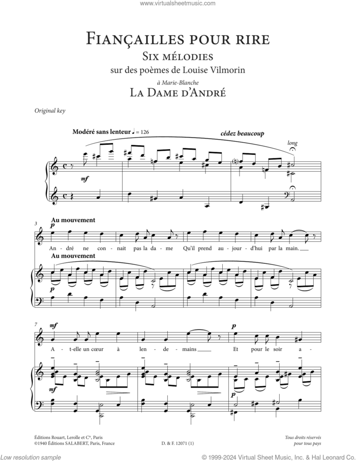 La Dame d'Andre (High Voice) sheet music for voice and piano (High Voice) by Francis Poulenc and Louise de Vilmorin, classical score, intermediate skill level