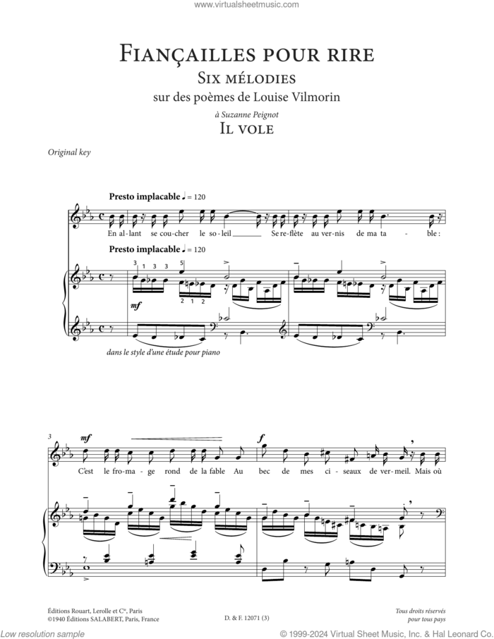 Il vole (High Voice) sheet music for voice and piano (High Voice) by Francis Poulenc and Louise de Vilmorin, classical score, intermediate skill level