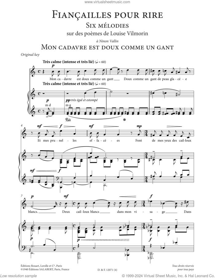 Mon cadavre est doux comme un gant (High Voice) sheet music for voice and piano (High Voice) by Francis Poulenc and Louise de Vilmorin, classical score, intermediate skill level
