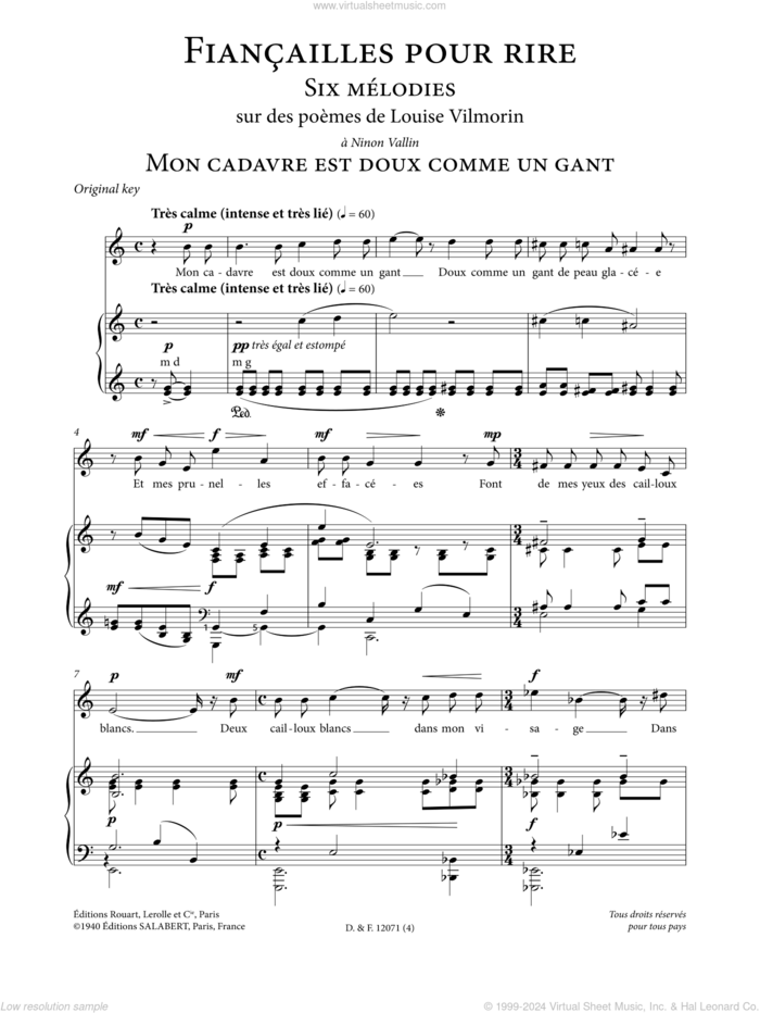 Mon cadavre est doux comme un gant (High Voice) sheet music for voice and piano (High Voice) by Francis Poulenc and Louise de Vilmorin, classical score, intermediate skill level